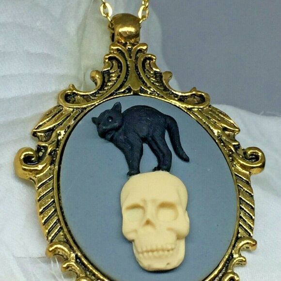 Skull Cat Black Skeleton Gothic Cameo Necklace NEW - Picture 3 of 8